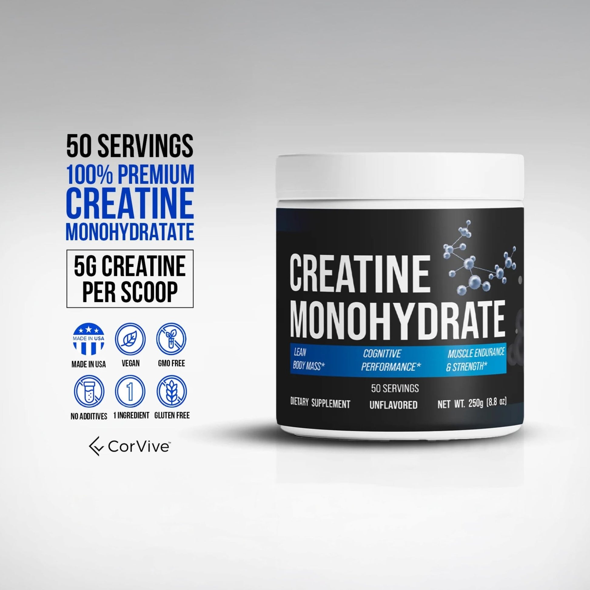 CorVive Creatine Monohydrate - Pure & Unflavored Creatine Powder - Vegan, Gluten Free, No Additives, Non-GMO - Easy-Mix Formula for Strength & Performance Support - dailyvitalstore