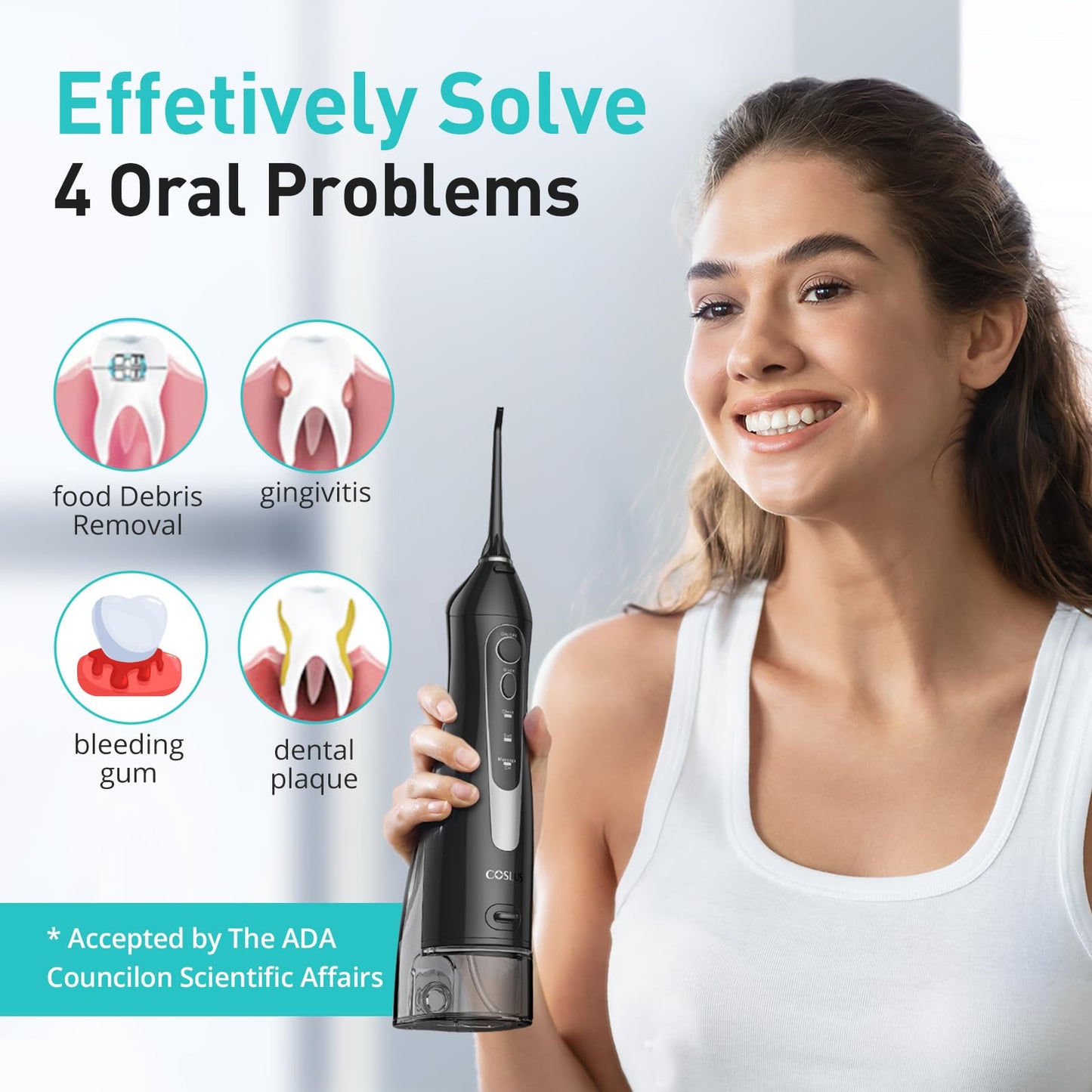 COSLUS Water Dental Flosser Teeth Pick C20: ADA Accepted, Portable Cordless Oral Irrigator 300ML Rechargeable Travel Irrigation Cleaner IPX7 Waterproof Electric - dailyvitalstore
