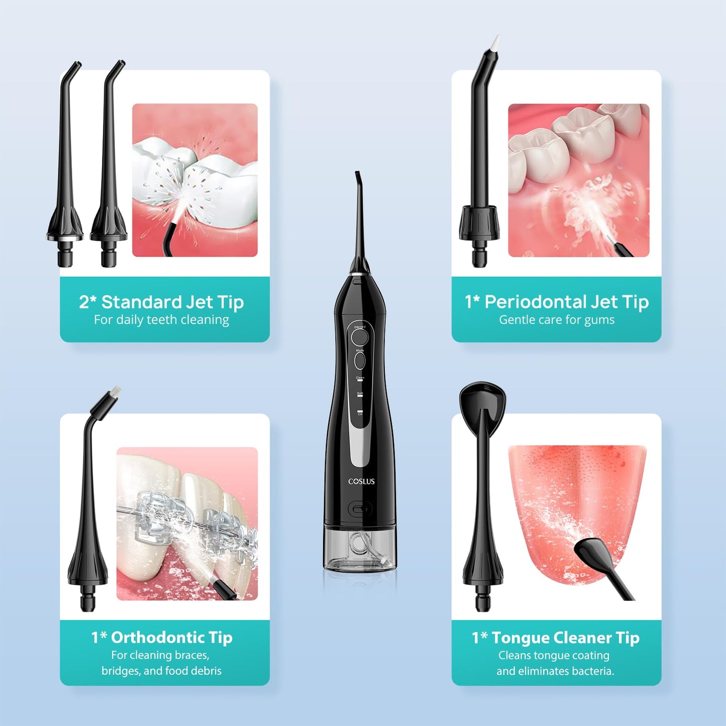 COSLUS Water Dental Flosser Teeth Pick C20: ADA Accepted, Portable Cordless Oral Irrigator 300ML Rechargeable Travel Irrigation Cleaner IPX7 Waterproof Electric - dailyvitalstore