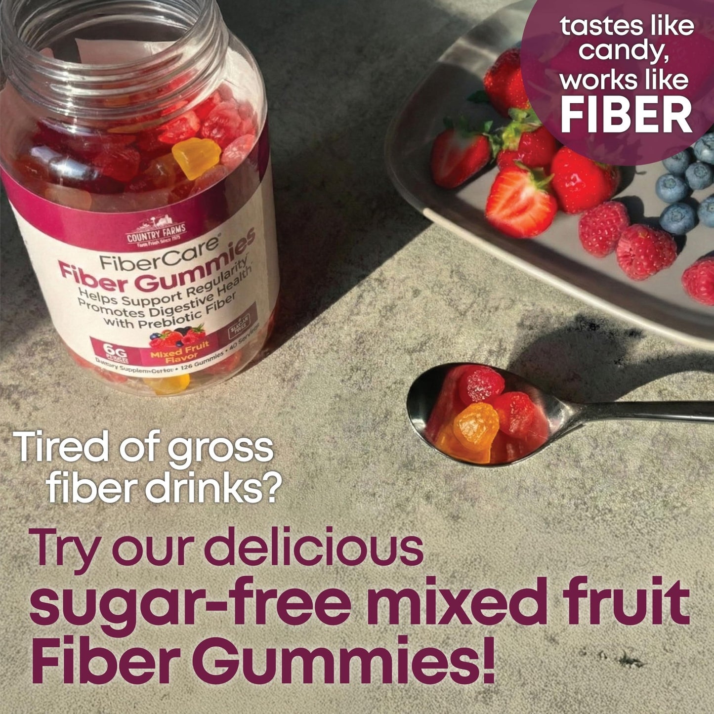 Country Farms Fiber Care Prebiotic Gummies, 6g of Fiber Per Serving, FOS from Beets, Digestive Health, Supports Regularity, Mixed Fruit Flavor - dailyvitalstore