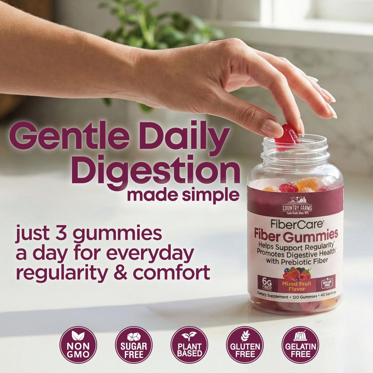 Country Farms Fiber Care Prebiotic Gummies, 6g of Fiber Per Serving, FOS from Beets, Digestive Health, Supports Regularity, Mixed Fruit Flavor - dailyvitalstore