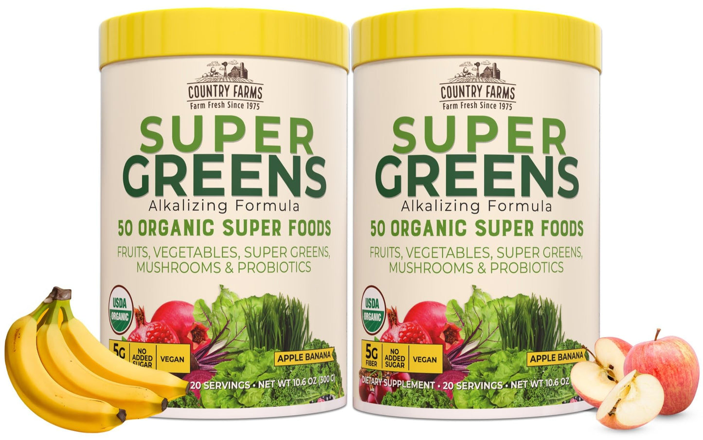 Country Farms Super Greens Apple Banana Powder Smoothie, Organic Super Foods, USDA Organic Drink Mix, Fruits, Vegetables, Mushrooms, Superfood Nutrition, 40 Servings, 2 Pack - dailyvitalstore