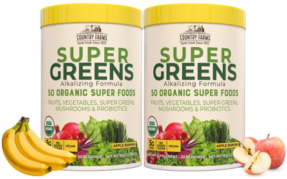 Country Farms Super Greens Apple Banana Powder Smoothie, Organic Super Foods, USDA Organic Drink Mix, Fruits, Vegetables, Mushrooms, Superfood Nutrition, 40 Servings, 2 Pack - dailyvitalstore