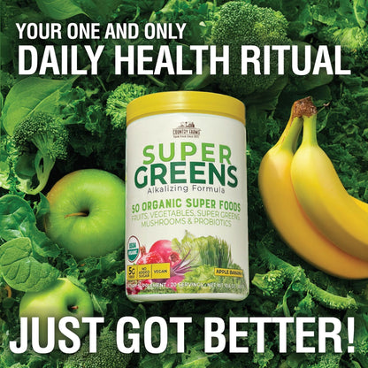 Country Farms Super Greens Apple Banana Powder Smoothie, Organic Super Foods, USDA Organic Drink Mix, Fruits, Vegetables, Mushrooms, Superfood Nutrition, 40 Servings, 2 Pack - dailyvitalstore