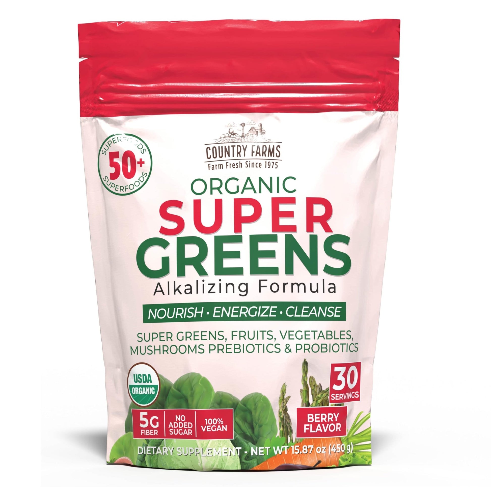 Country Farms Super Greens Berry Flavor, 50 Organic Super Foods, USDA Organic Drink Mix (Wheat Grass, Spirulina, Chlorella) Mushrooms & Probiotics, with Fiber, Gut Health, Natural Energy, 30 Servings - dailyvitalstore
