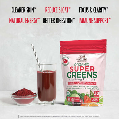 Country Farms Super Greens Berry Flavor, 50 Organic Super Foods, USDA Organic Drink Mix (Wheat Grass, Spirulina, Chlorella) Mushrooms & Probiotics, with Fiber, Gut Health, Natural Energy, 30 Servings - dailyvitalstore