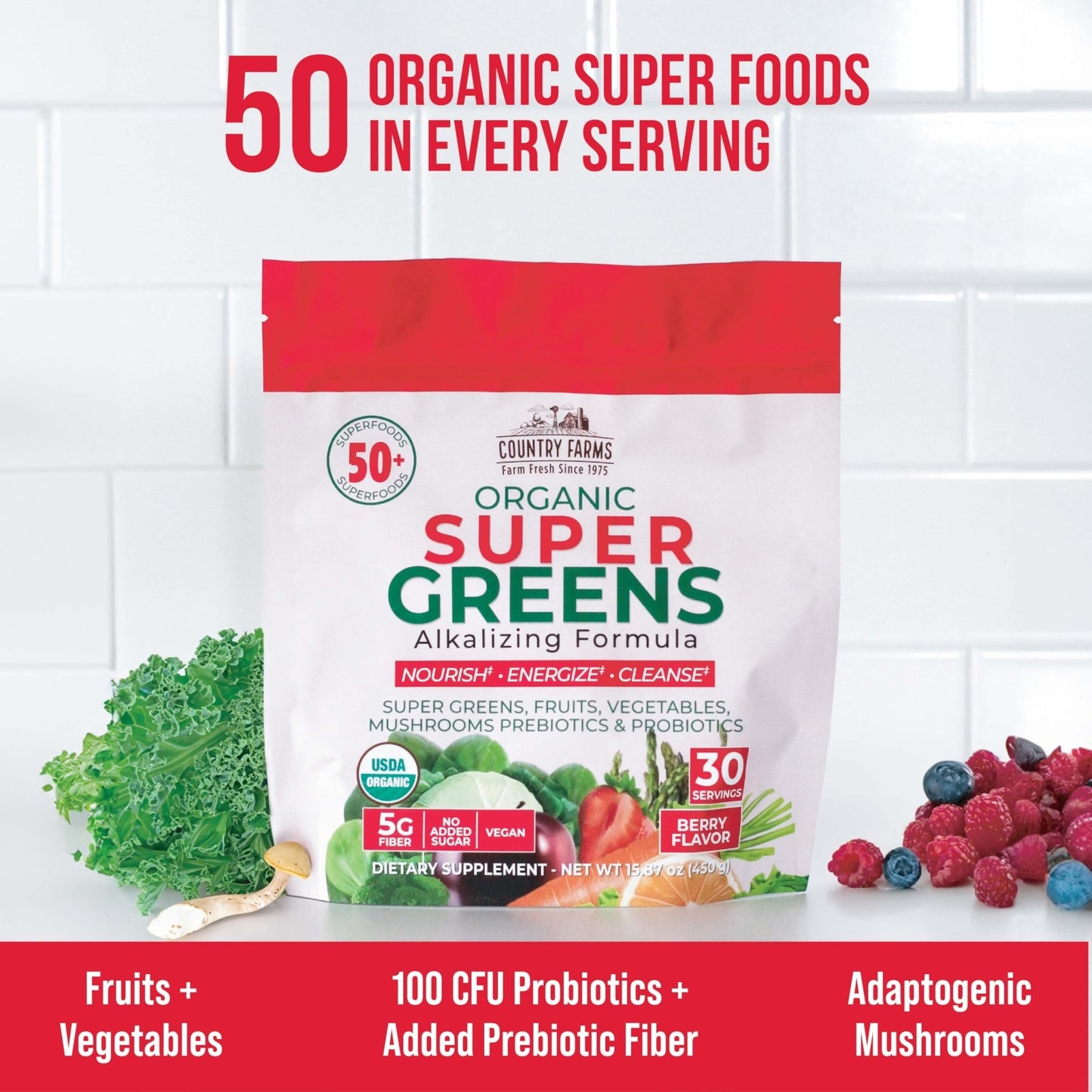 Country Farms Super Greens Berry Flavor, 50 Organic Super Foods, USDA Organic Drink Mix (Wheat Grass, Spirulina, Chlorella) Mushrooms & Probiotics, with Fiber, Gut Health, Natural Energy, 30 Servings - dailyvitalstore