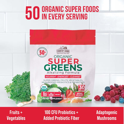 Country Farms Super Greens Berry Flavor, 50 Organic Super Foods, USDA Organic Drink Mix (Wheat Grass, Spirulina, Chlorella) Mushrooms & Probiotics, with Fiber, Gut Health, Natural Energy, 30 Servings - dailyvitalstore