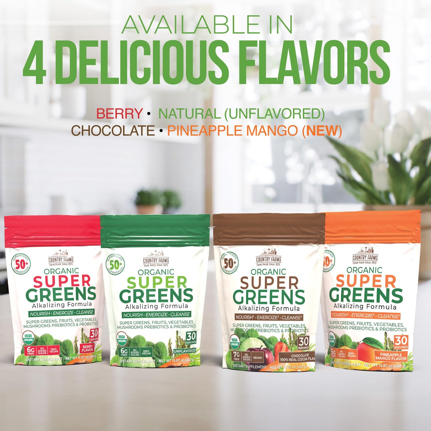 Country Farms Super Greens Berry Flavor, 50 Organic Super Foods, USDA Organic Drink Mix (Wheat Grass, Spirulina, Chlorella) Mushrooms & Probiotics, with Fiber, Gut Health, Natural Energy, 30 Servings - dailyvitalstore
