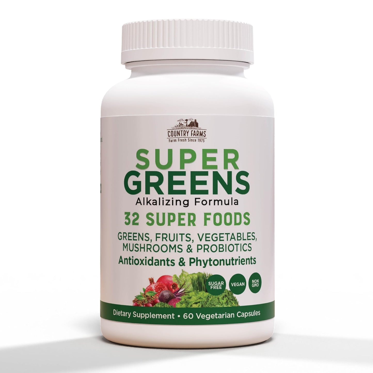 Country Farms Super Greens Vegicaps, 32 Super Foods, Whole Food Supplement, Greens, Fruit, Vegetables, Mushrooms & Probiotics, Rich in Antioxidants & Phytonutrients, 60 Count, 30 Servings - dailyvitalstore