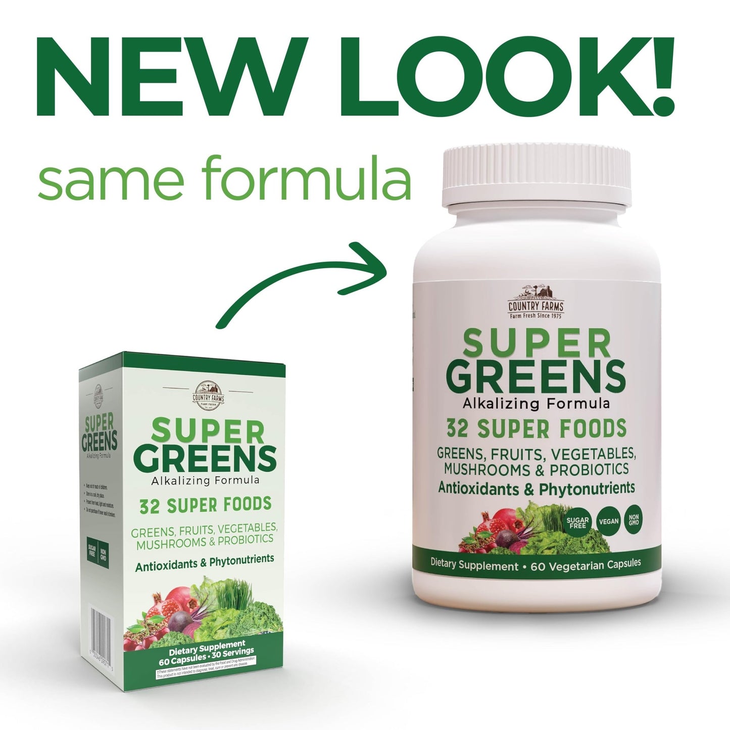 Country Farms Super Greens Vegicaps, 32 Super Foods, Whole Food Supplement, Greens, Fruit, Vegetables, Mushrooms & Probiotics, Rich in Antioxidants & Phytonutrients, 60 Count, 30 Servings - dailyvitalstore