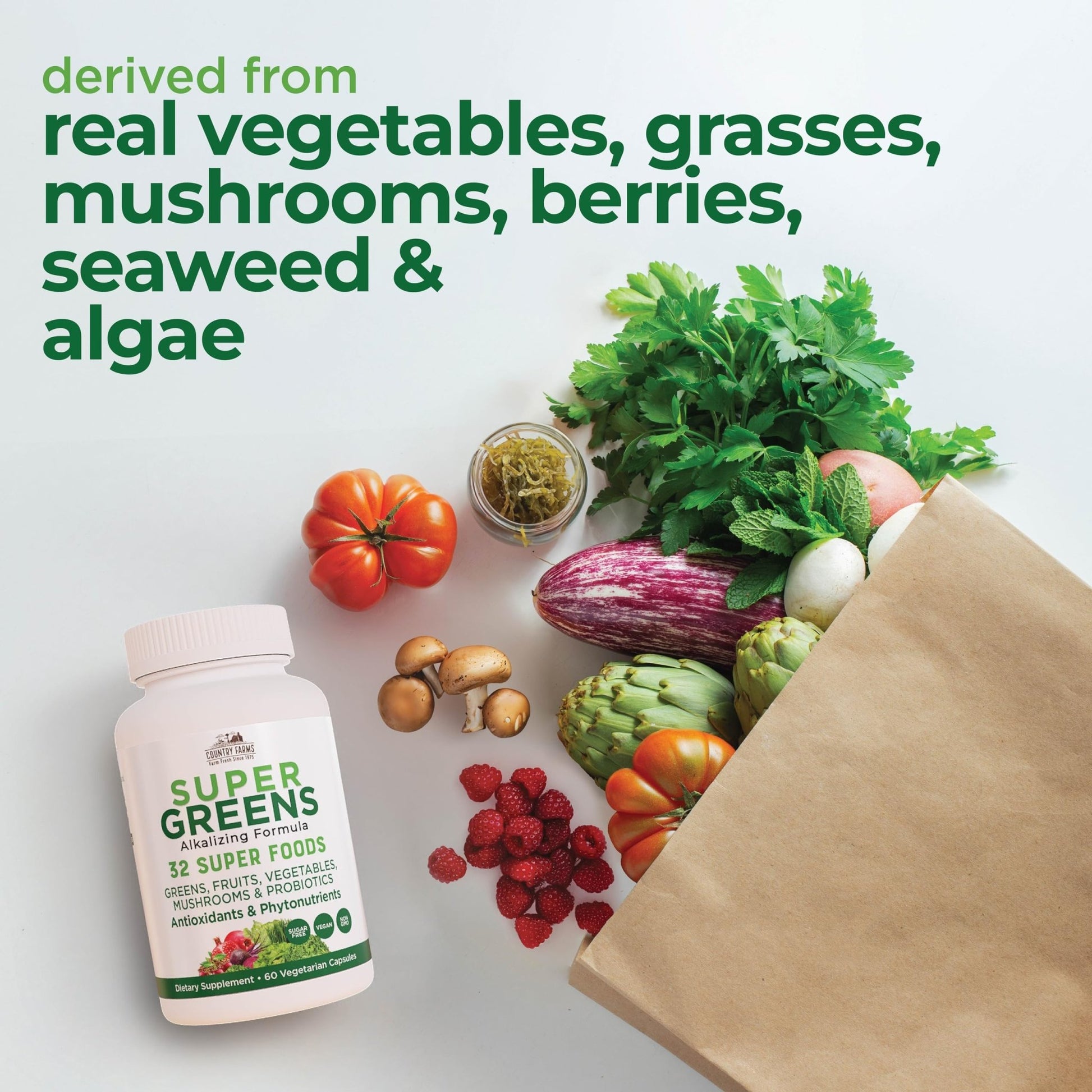 Country Farms Super Greens Vegicaps, 32 Super Foods, Whole Food Supplement, Greens, Fruit, Vegetables, Mushrooms & Probiotics, Rich in Antioxidants & Phytonutrients, 60 Count, 30 Servings - dailyvitalstore