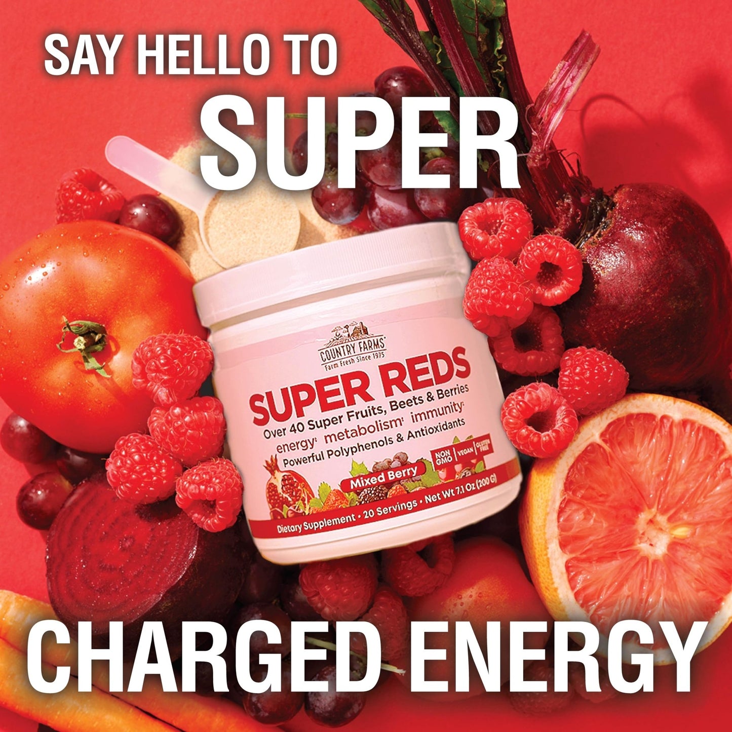 COUNTRY FARMS Super Reds, Energizing Polyphenol Superfood, 48 Super Fruits and Berries, Powerful Antioxidants and Polyphenols, Supports Energy, 20 Servings, Mixed Berry Flavor - dailyvitalstore