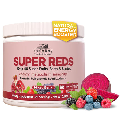 COUNTRY FARMS Super Reds, Energizing Polyphenol Superfood, 48 Super Fruits and Berries, Powerful Antioxidants and Polyphenols, Supports Energy, 20 Servings, Mixed Berry Flavor - dailyvitalstore