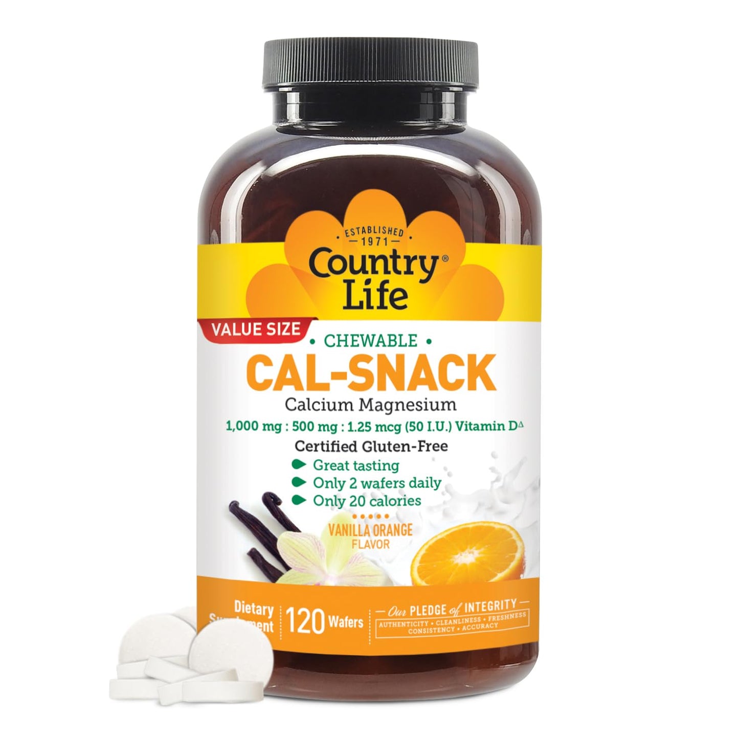Country Life Cal-Snack - Chewable Calcium Magnesium Supplement wafers with Vitamin D3, Easy to Digest, Vanilla Orange Flavor, Dietary Supplement - dailyvitalstore