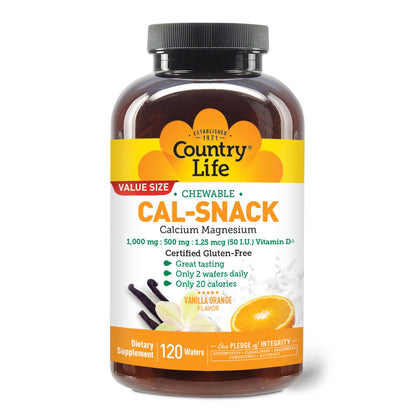 Country Life Cal-Snack - Chewable Calcium Magnesium Supplement wafers with Vitamin D3, Easy to Digest, Vanilla Orange Flavor, Dietary Supplement - dailyvitalstore