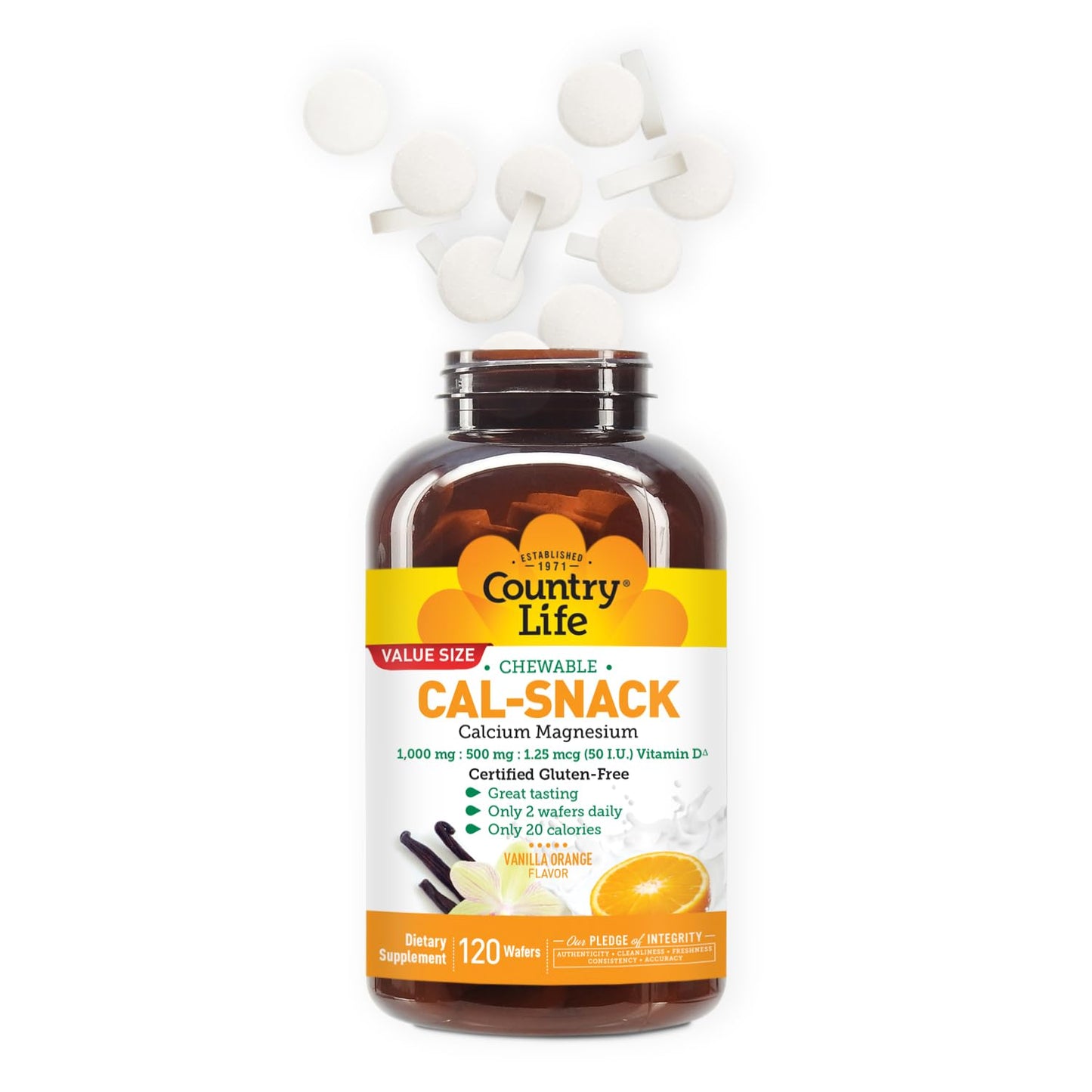 Country Life Cal-Snack - Chewable Calcium Magnesium Supplement wafers with Vitamin D3, Easy to Digest, Vanilla Orange Flavor, Dietary Supplement - dailyvitalstore