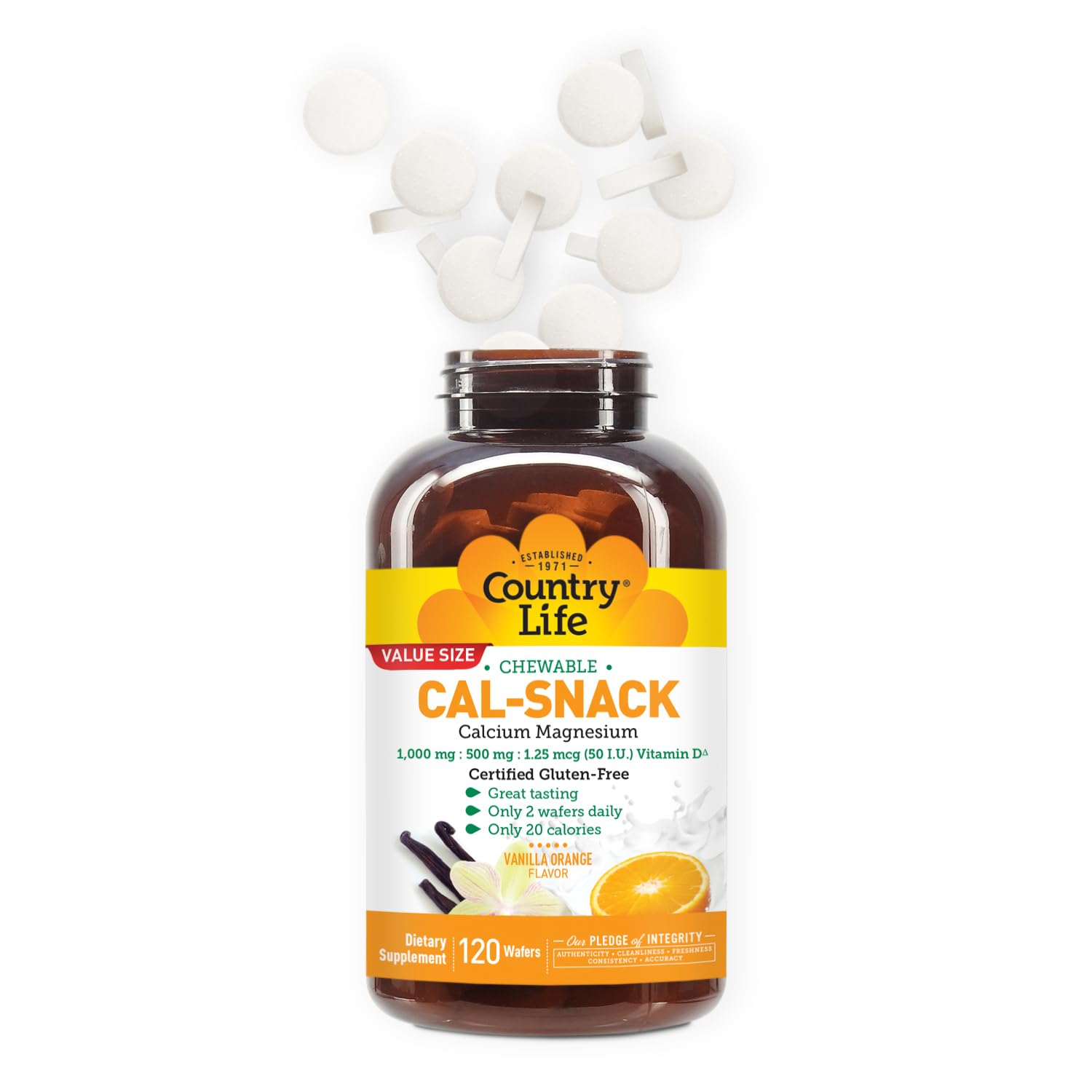 Country Life Cal-Snack - Chewable Calcium Magnesium Supplement wafers with Vitamin D3, Easy to Digest, Vanilla Orange Flavor, Dietary Supplement - dailyvitalstore