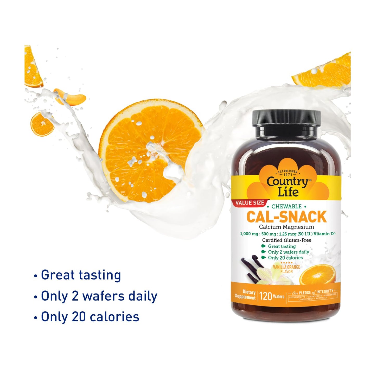 Country Life Cal-Snack - Chewable Calcium Magnesium Supplement wafers with Vitamin D3, Easy to Digest, Vanilla Orange Flavor, Dietary Supplement - dailyvitalstore