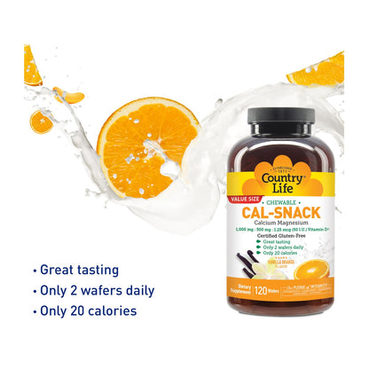 Country Life Cal-Snack - Chewable Calcium Magnesium Supplement wafers with Vitamin D3, Easy to Digest, Vanilla Orange Flavor, Dietary Supplement - dailyvitalstore