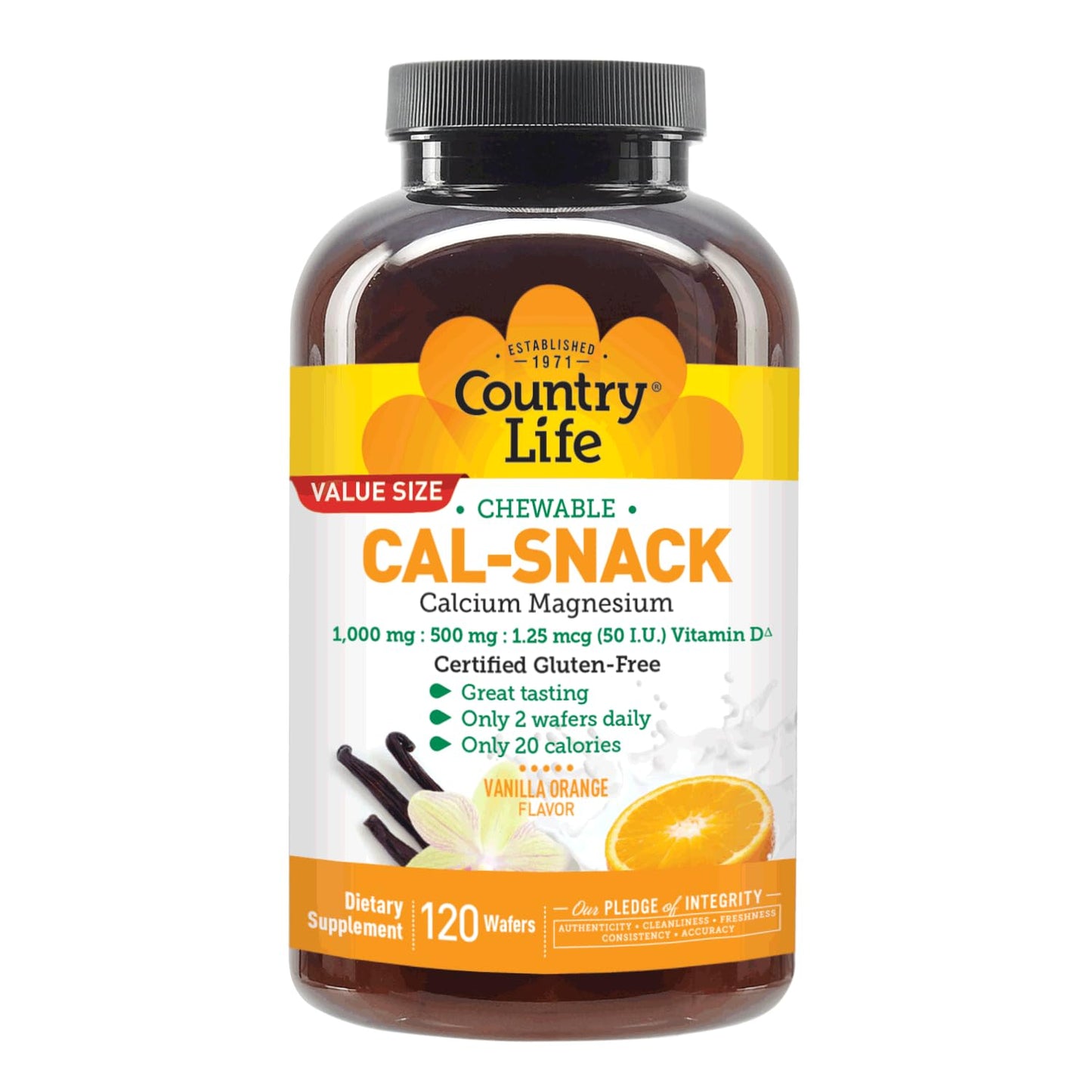 Country Life Cal-Snack - Chewable Calcium Magnesium Supplement wafers with Vitamin D3, Easy to Digest, Vanilla Orange Flavor, Dietary Supplement - dailyvitalstore