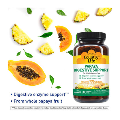 Country Life Chewable Papaya Enzymes for Digestion Support - Natural Pineapple & Papaya Flavor, Assists with Nutrient Absorption - dailyvitalstore