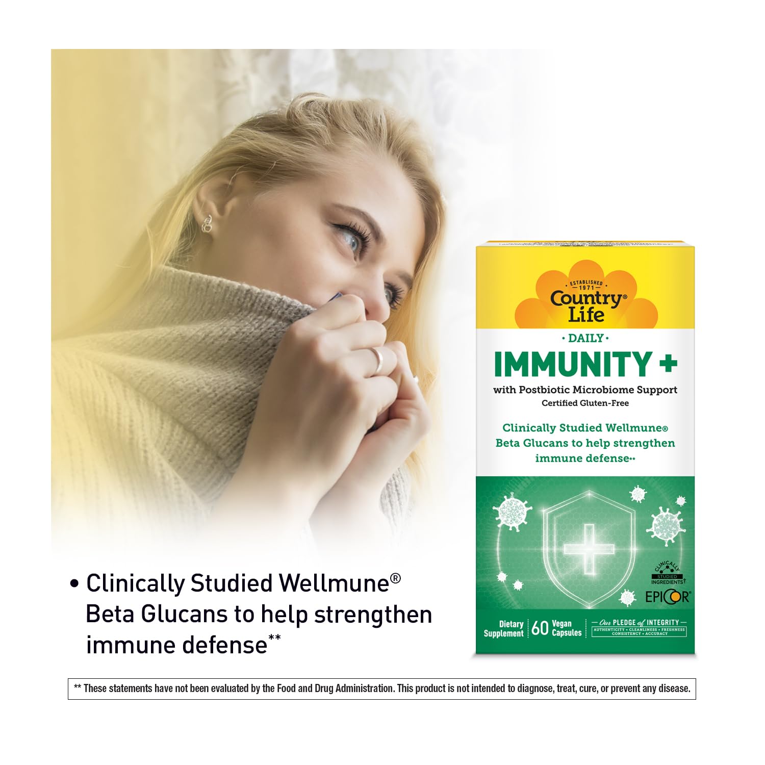 Country Life Immunity+ Supplement, 60 Capsules - Supports Immune and Gut Health - for Men and Women - Clinically Studied Ingredients, Vegan, Gluten Free, Certified B Corporation - dailyvitalstore