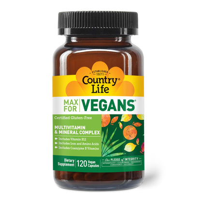 Country Life Max for Vegans - 120 Vegan Capsules - Daily Multivitamins - Immune Support Supplement - Contains Vitamin B12, Iron, Amino Acids, Coenzyme B Vitamins - Gluten-Free - dailyvitalstore