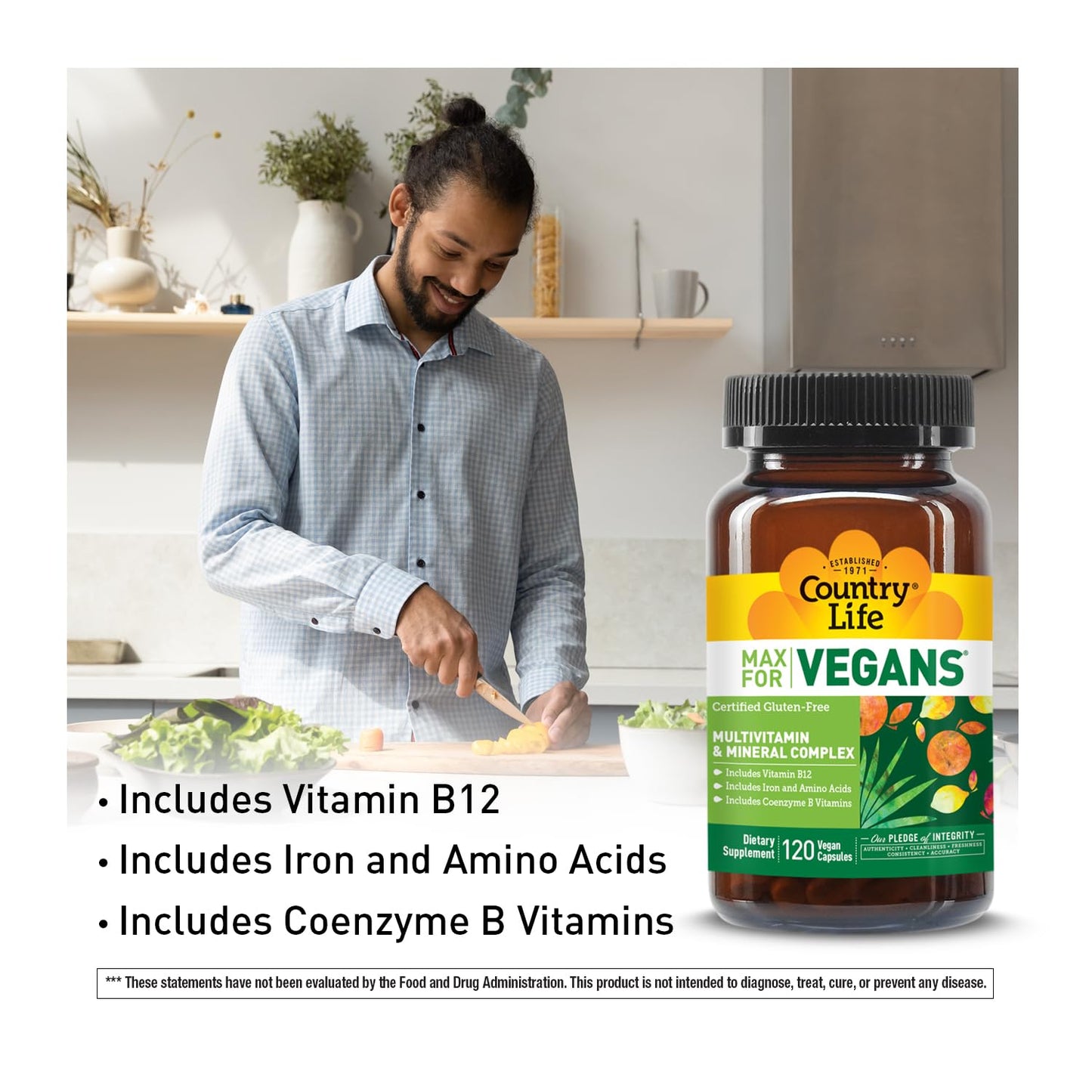 Country Life Max for Vegans - 120 Vegan Capsules - Daily Multivitamins - Immune Support Supplement - Contains Vitamin B12, Iron, Amino Acids, Coenzyme B Vitamins - Gluten-Free - dailyvitalstore