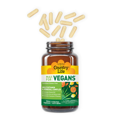 Country Life Max for Vegans - 120 Vegan Capsules - Daily Multivitamins - Immune Support Supplement - Contains Vitamin B12, Iron, Amino Acids, Coenzyme B Vitamins - Gluten-Free - dailyvitalstore