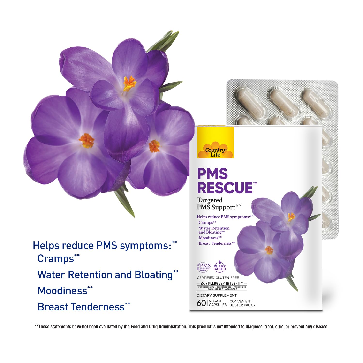 Country Life PMS Rescue – PMS Support Supplement for Women, Menstrual Cycle Support, Helps Support Mood, Bloating & Cramps, Herbal & Nutrient Blend, Vegan Capsules, 60 Count - dailyvitalstore