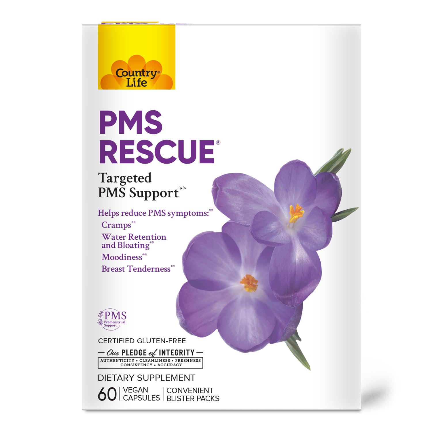 Country Life PMS Rescue – PMS Support Supplement for Women, Menstrual Cycle Support, Helps Support Mood, Bloating & Cramps, Herbal & Nutrient Blend, Vegan Capsules, 60 Count - dailyvitalstore