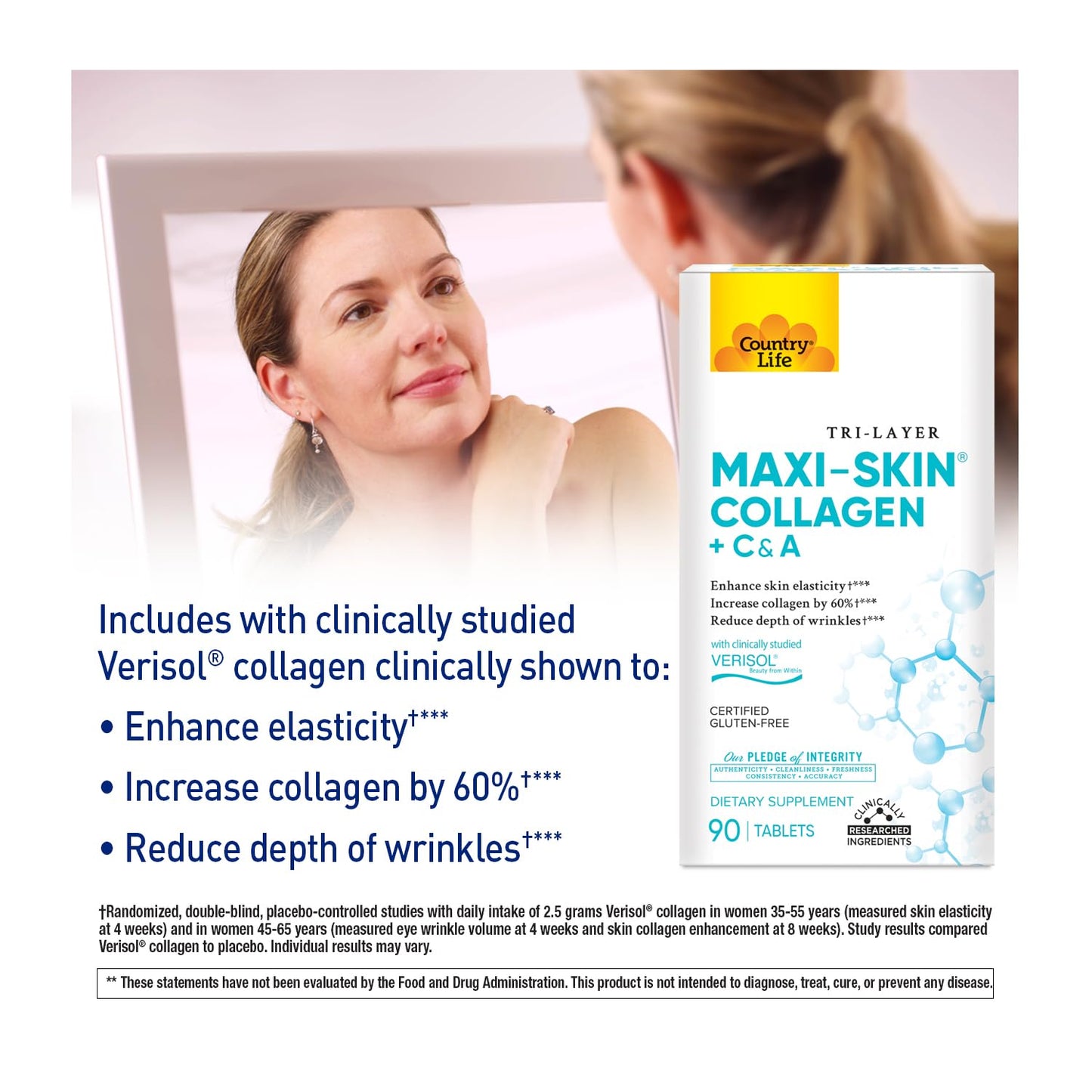 Country Life Verisol Collagen Peptides Tablets - Reduce Depth of W[KB2] rinkles & Enhance Skin Elasticity-90 Tablets-Includes Vitamin A&C - Collagen Powder for Women & Men - Boost Skin Collagen by 60% - dailyvitalstore
