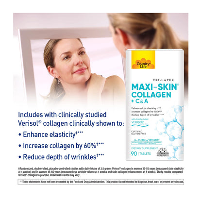 Country Life Verisol Collagen Peptides Tablets - Reduce Depth of W[KB2] rinkles & Enhance Skin Elasticity-90 Tablets-Includes Vitamin A&C - Collagen Powder for Women & Men - Boost Skin Collagen by 60% - dailyvitalstore