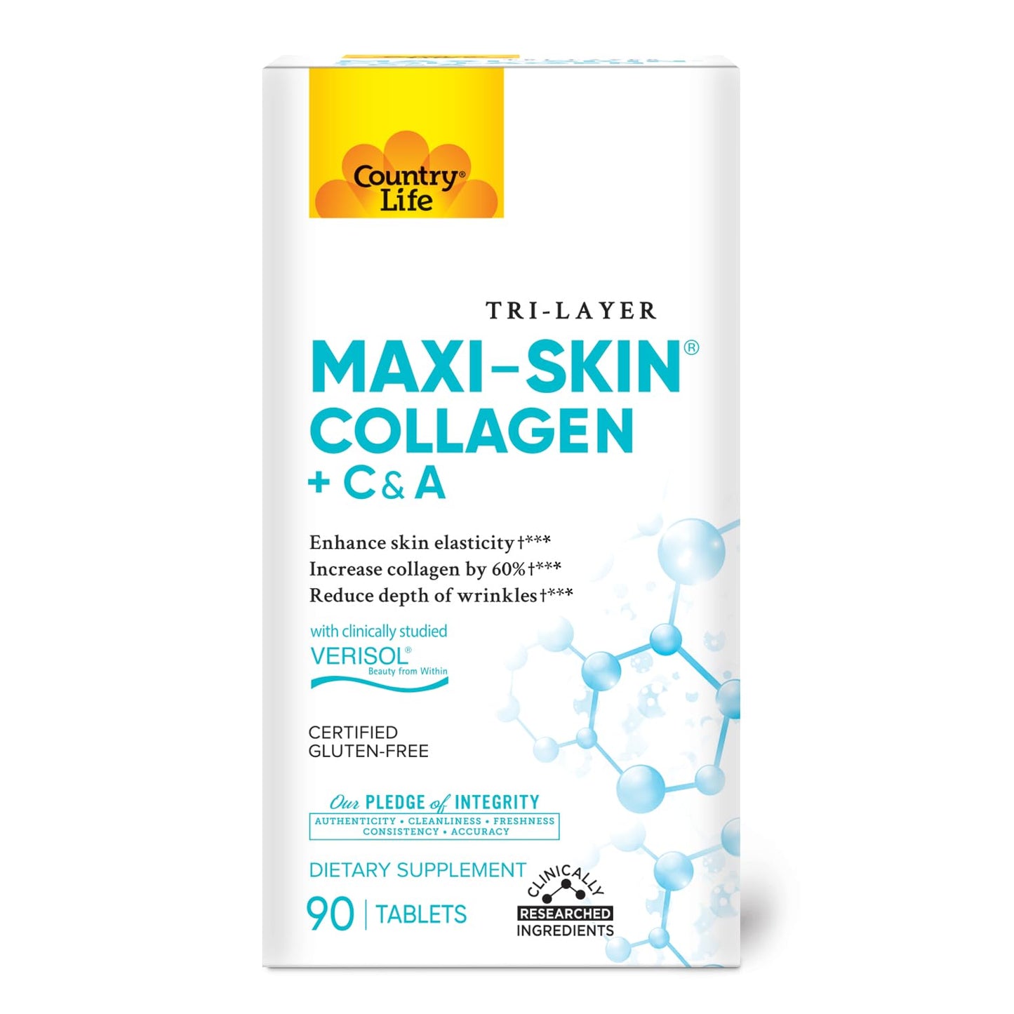 Country Life Verisol Collagen Peptides Tablets - Reduce Depth of W[KB2] rinkles & Enhance Skin Elasticity-90 Tablets-Includes Vitamin A&C - Collagen Powder for Women & Men - Boost Skin Collagen by 60% - dailyvitalstore