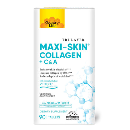 Country Life Verisol Collagen Peptides Tablets - Reduce Depth of W[KB2] rinkles & Enhance Skin Elasticity-90 Tablets-Includes Vitamin A&C - Collagen Powder for Women & Men - Boost Skin Collagen by 60% - dailyvitalstore