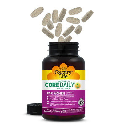 Country Life Women’s Core 1 Daily Multivitamin with Iron, Cranberry, Probiotics, and Digestive Enzymes-Certified Gluten-Free Formula for Energy, Immune Support and Complete Digestive Health,60 Tablets - dailyvitalstore