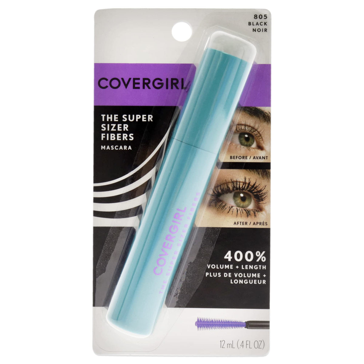 COVERGIRL Super Sizer Fibers Mascara, Black 805, 0.35 Ounce (Packaging May Vary) Volumizing Mascara with Brush - dailyvitalstore