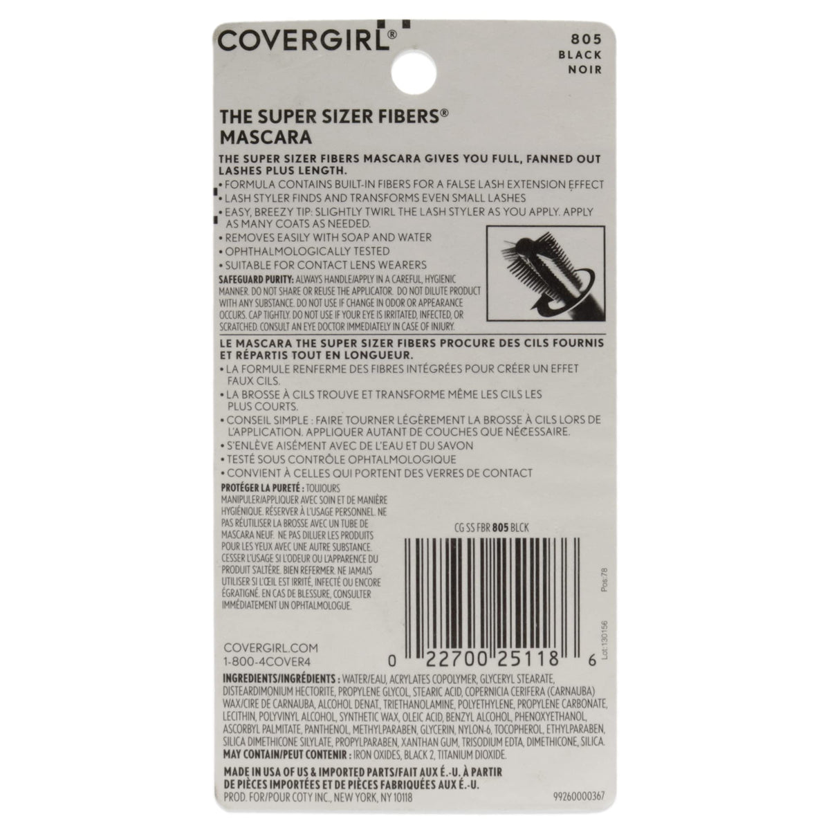 COVERGIRL Super Sizer Fibers Mascara, Black 805, 0.35 Ounce (Packaging May Vary) Volumizing Mascara with Brush - dailyvitalstore