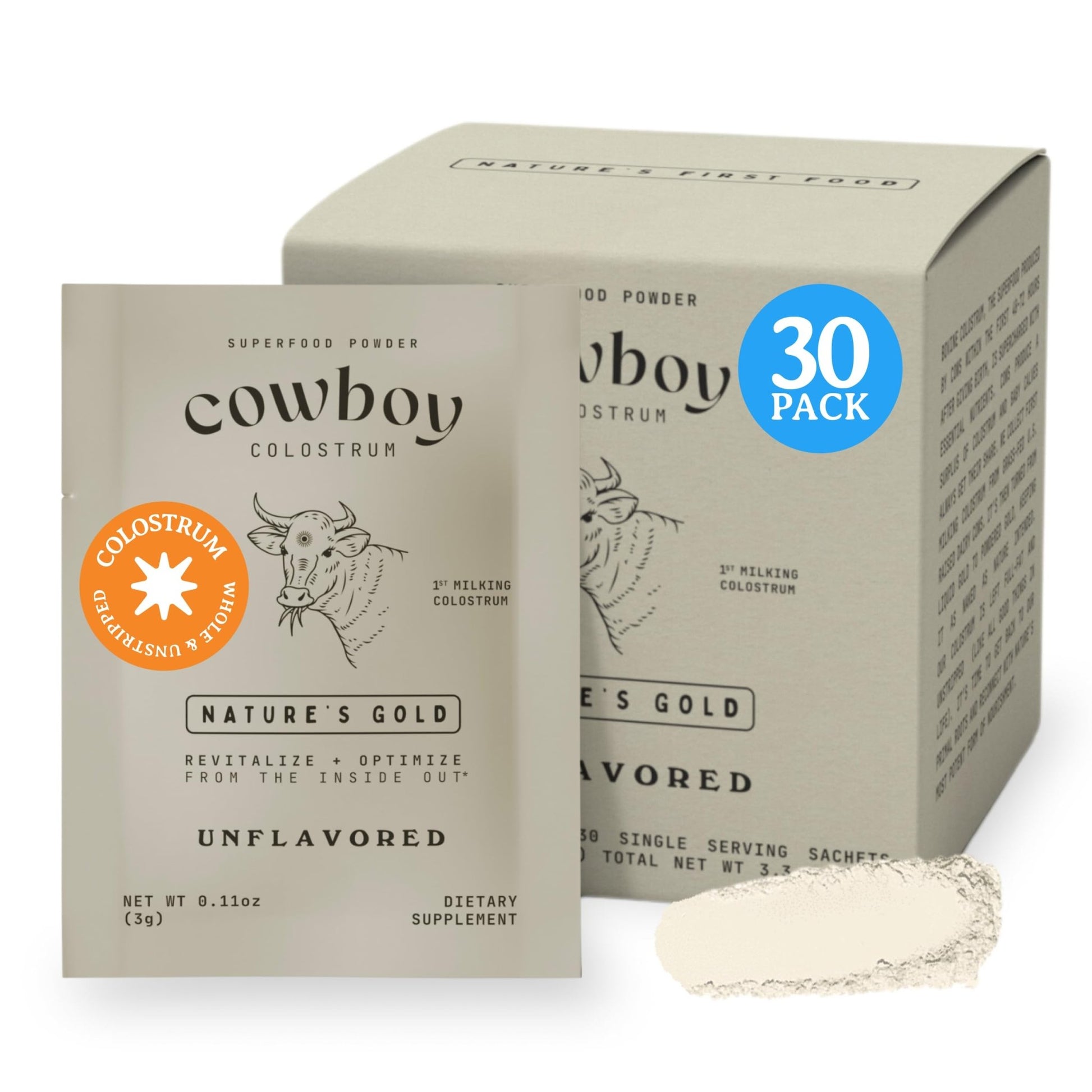 COWBOY COLOSTRUM Powder Travel Packs - Bovine Colostrum Powder - First Day Milking Whole Colostrum - Grass Fed Colostrum Supplement for Gut Health, Immunity, Skin & Hair (Unflavored, 30 Servings) - dailyvitalstore