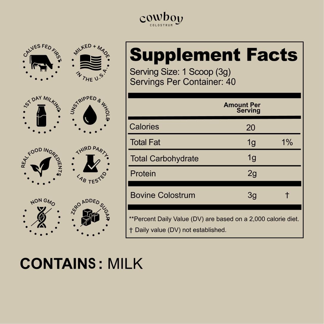 Cowboy - The Exclusive 1st Milking, Whole, Grass Fed Colostrum Supplement for Full Body Health - Bovine Colostrum Powder Packed w/Bioactive Nutrients - Sugar Free (Unflavored, 40 Servings) - dailyvitalstore