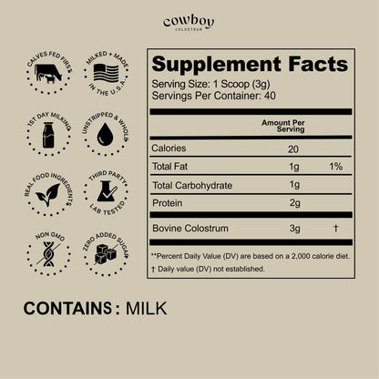 Cowboy - The Exclusive 1st Milking, Whole, Grass Fed Colostrum Supplement for Full Body Health - Bovine Colostrum Powder Packed w/Bioactive Nutrients - Sugar Free (Unflavored, 40 Servings) - dailyvitalstore