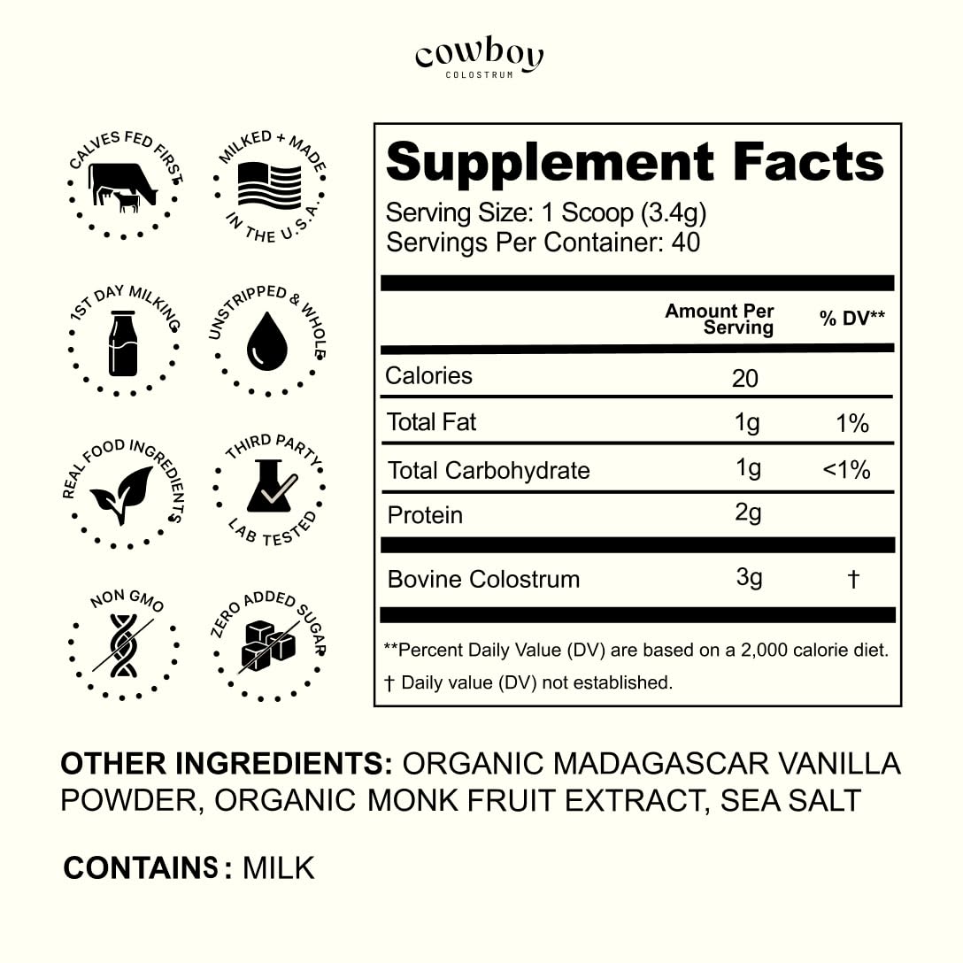 Cowboy - The Exclusive 1st Milking, Whole, Grass Fed Colostrum Supplement for Full Body Health - Bovine Colostrum Powder Packed w/Bioactive Nutrients - Sugar Free (Vanilla, 40 Servings) - dailyvitalstore