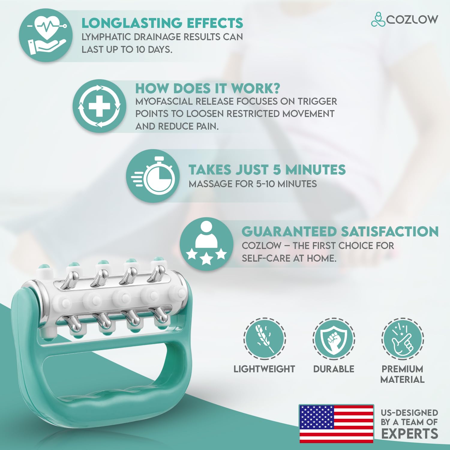 COZLOW - MyoRelease Lymphatic Drainage Massager - Green - Handheld Fascia Release + Scar Tissue Massage Roller for Shoulder, Neck, Belly, Thigh, Leg, Back, Glutes - Helps Reduce Cellulite Appearance - dailyvitalstore