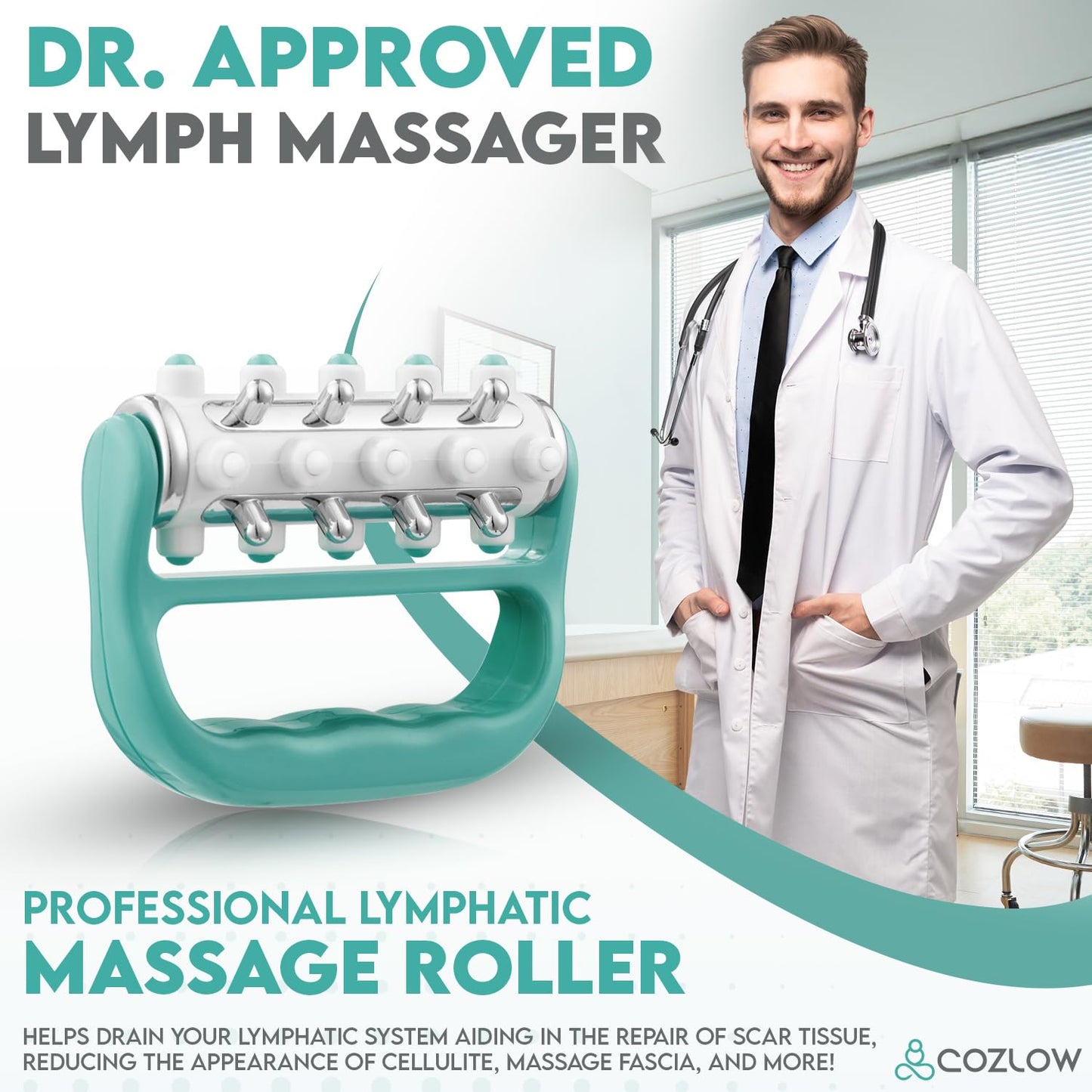 COZLOW - MyoRelease Lymphatic Drainage Massager - Green - Handheld Fascia Release + Scar Tissue Massage Roller for Shoulder, Neck, Belly, Thigh, Leg, Back, Glutes - Helps Reduce Cellulite Appearance - dailyvitalstore