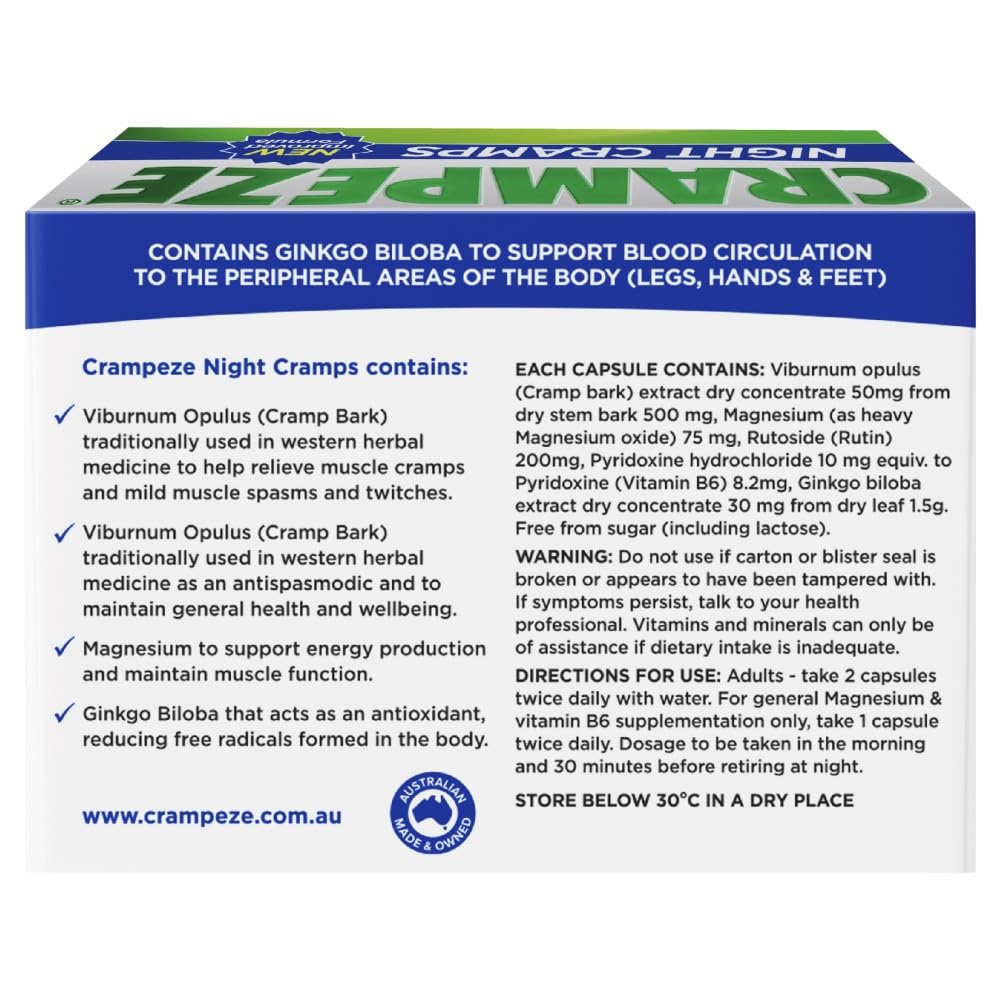 Crampeze Night Cramps Natural Relief of Muscle Cramps, Spasms & Tired Legs 60 Capsules - dailyvitalstore