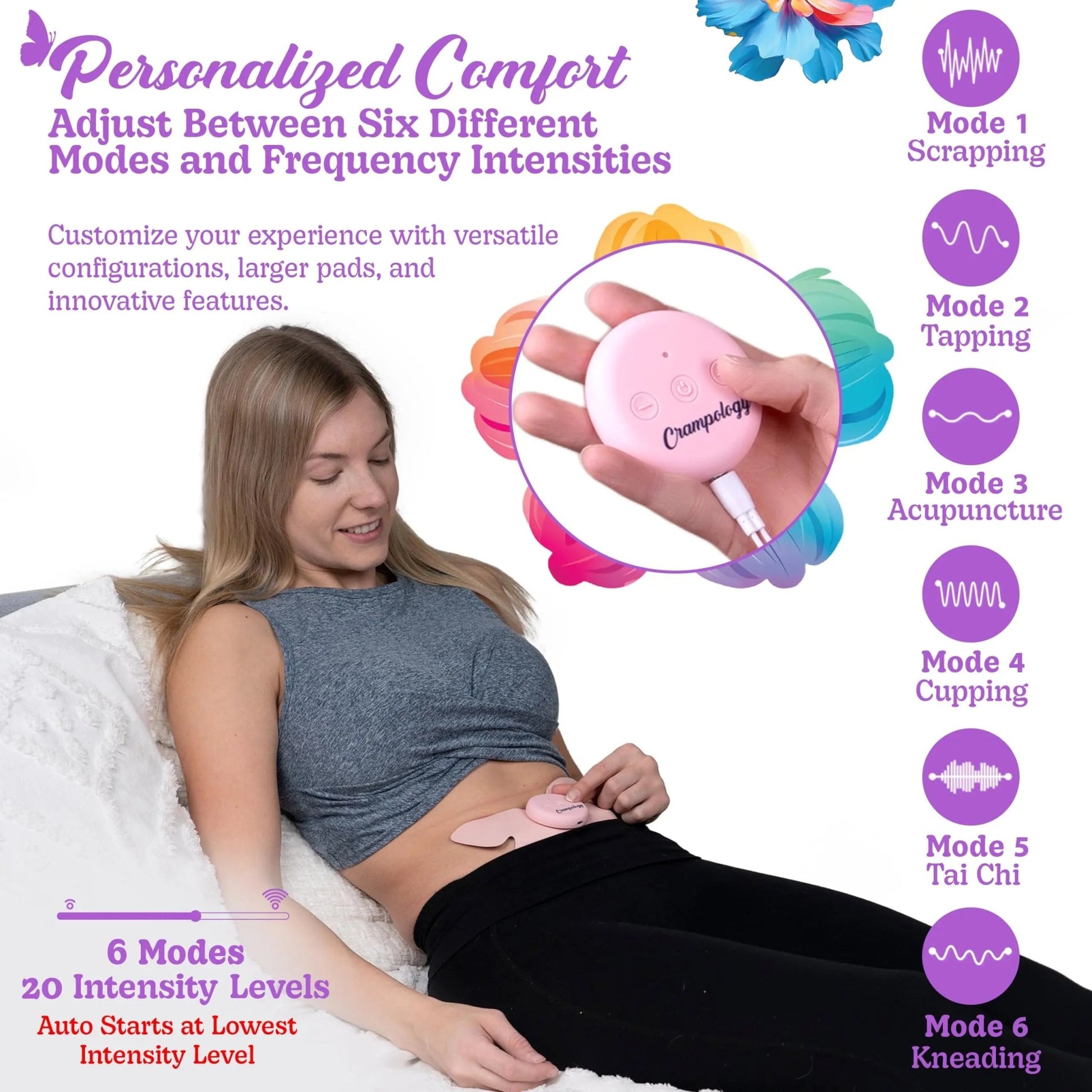 Crampology Relief Pink-Period Cramps Pain Relieving Device, Cramp Massager for Menstrual and Lower Back Ache, Reduces Endometriosis Discomfort, PMS TENS Unit, Wireless or Wired, Natural Cycle Support - dailyvitalstore
