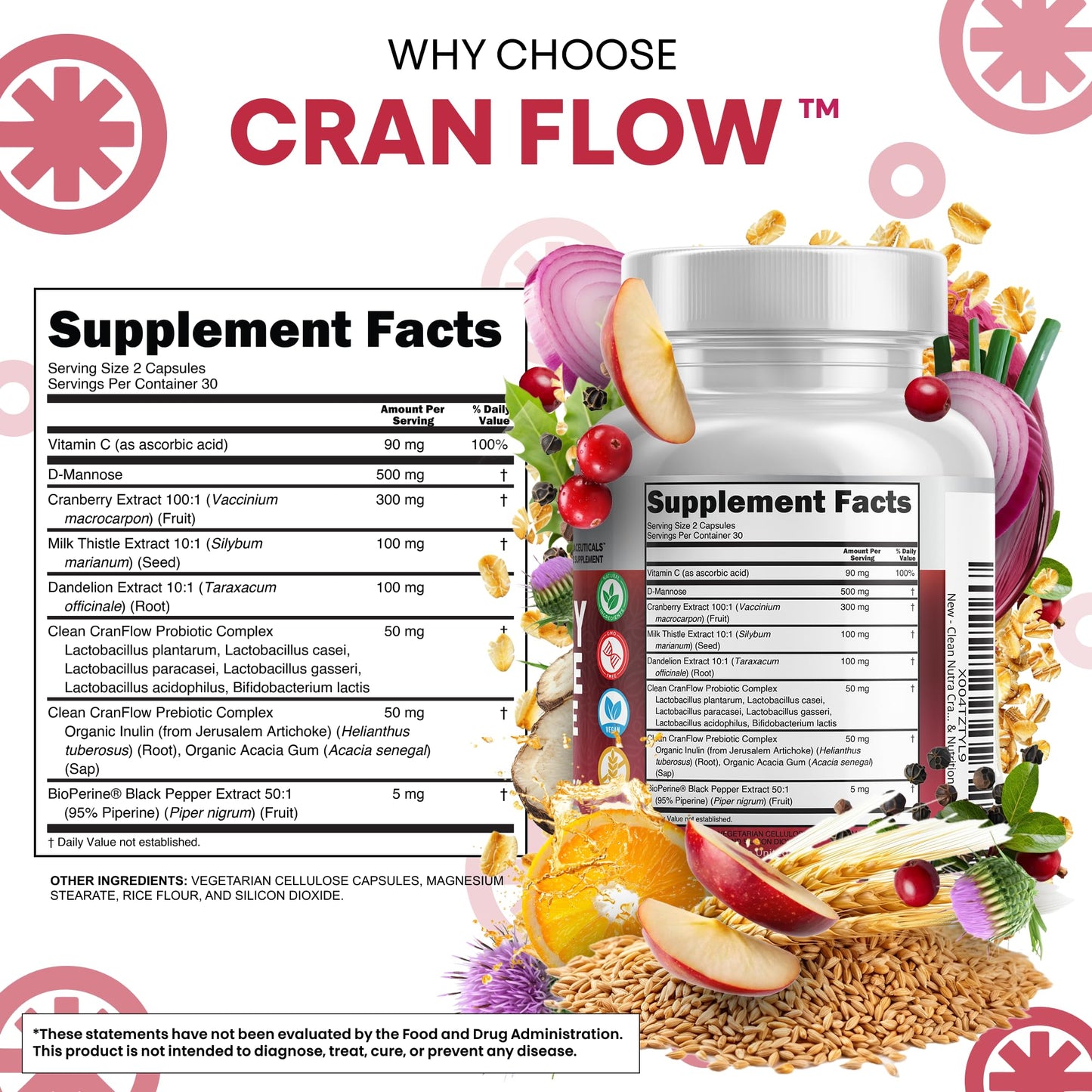Cran Flow Cranberry Pills for Urinary Health D-Mannose Milk Thistle Dandelion Inulin Vitamin C Prebiotics and Probiotics Bladder Support By Clean Nutra - dailyvitalstore