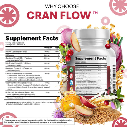 Cran Flow Cranberry Pills for Urinary Health D-Mannose Milk Thistle Dandelion Inulin Vitamin C Prebiotics and Probiotics Bladder Support By Clean Nutra - dailyvitalstore