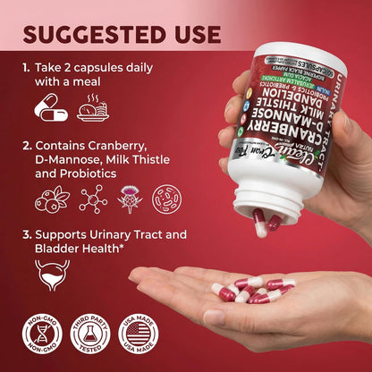 Cran Flow Cranberry Pills for Urinary Health D-Mannose Milk Thistle Dandelion Inulin Vitamin C Prebiotics and Probiotics Bladder Support By Clean Nutra - dailyvitalstore